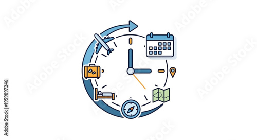 Travel Planning Time - Clock Face with Travel Icons for Efficient Trip Management.