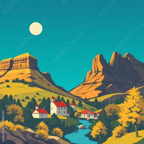 Beautiful stylized village in golden valley nestled between massive sunlit cliffs during autumn day scene