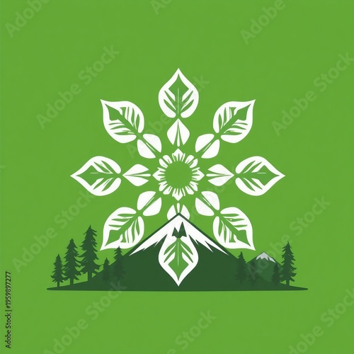 Minimalist nature logo featuring white ornamental snowflake mandala over mountain and forest silhouette