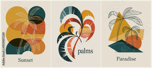 Warm sunset paints palm trees in gold and teal. Feathers swirl around a tropical bird in mid-flight. Paradise scene hints at calm, secluded shores. Soft tones evoke serenity and vacation dreams