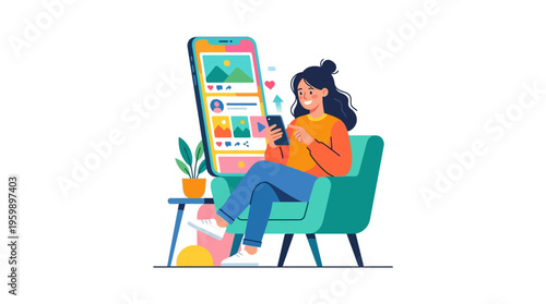 Young woman engrossed in her smartphone while relaxing in a comfortable armchair.