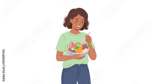 Young Woman Enjoying a Healthy Bowl of Fresh Fruit Salad.