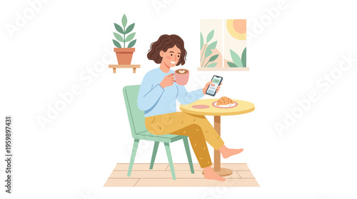 Young woman enjoying coffee and phone at a small table.