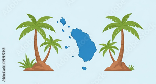 Tropical Island Paradise - Palm Trees and Caribbean Island Map.