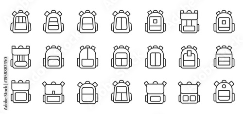 School bag outline icon set. Contains various models of school bags.