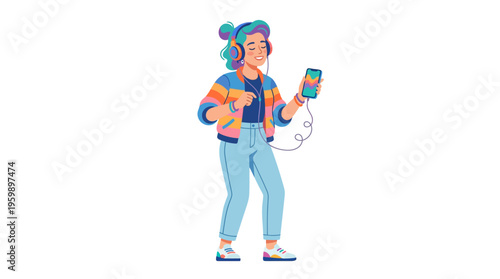 Young woman enjoying music with headphones and smartphone.