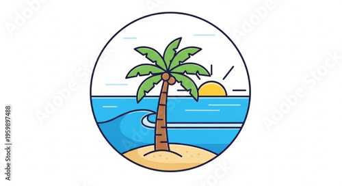 Tropical Island Scene with Palm Tree, Ocean, and Sun.