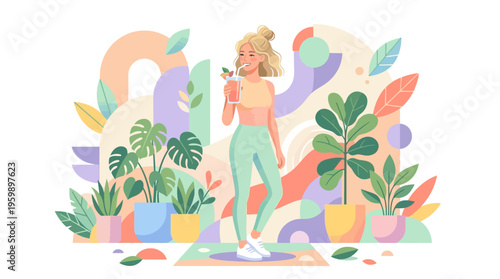 Young woman holding a cup surrounded by plants.
