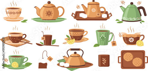 Tea and Coffee Illustration Set with Cups Teapots Mugs Teabags Lemon and Cozy Beverage Elements for Cafe Menu Designs and Drink Collection Graphics