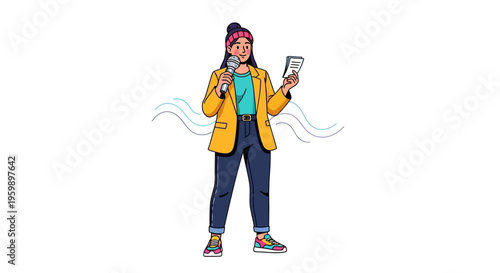 Young Woman Holding Microphone and Ticket.