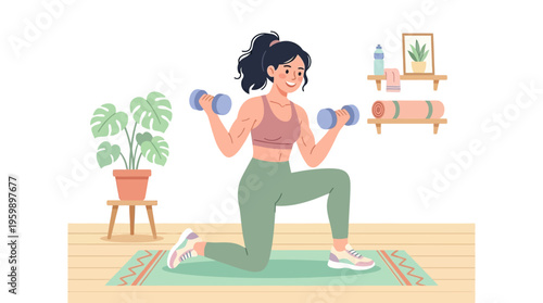 Young woman performing lunges with dumbbells at home.