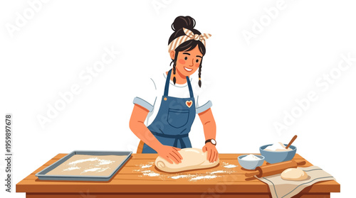 Young woman kneading dough on a wooden table.