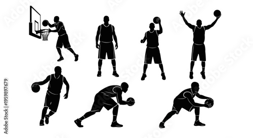 Basketball Player Silhouettes: Action Poses, Dribbling, Shooting, Dunking