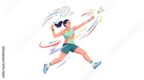 Young Woman Playing Badminton in Dynamic Pose.