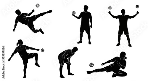 Sepak Takraw Players Silhouette Set: Action Poses of Kick, Serve, and Spike
