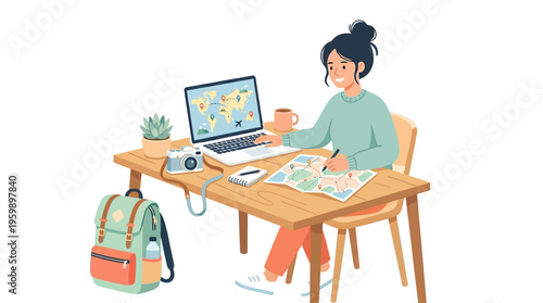 Young woman planning travel itinerary on laptop and map.