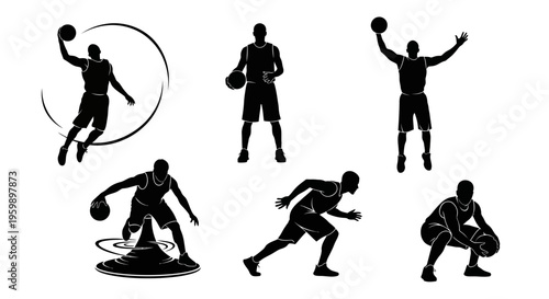 Basketball Player Silhouettes Set: Action Poses, Dunking, Dribbling, Running