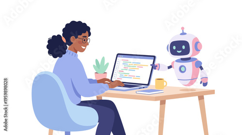 Young woman programmer working with a friendly robot assistant.