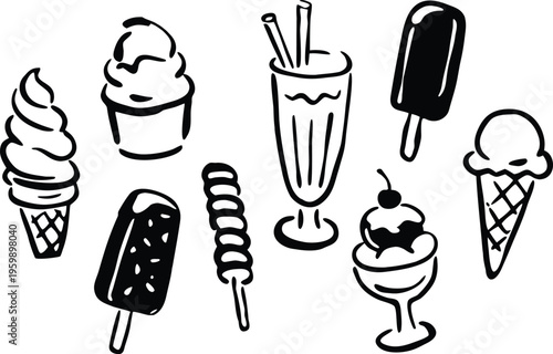 Ice cream dessert doodle icon set with cones,  milkshake, sundae, and sweet treats. Minimal hand drawn line vector for cafe, summer, and snack themes. Cute outline illustrations for menu, pa