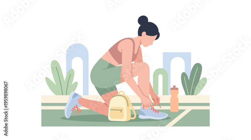 Woman tying shoelaces before workout session outdoors.