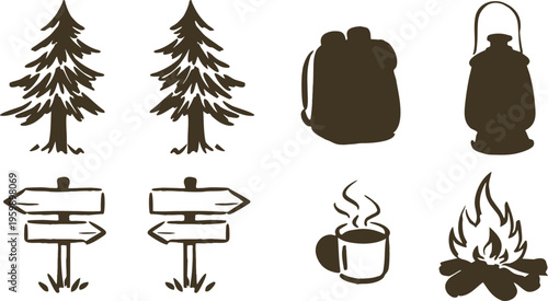 Camping and outdoor adventure icon set with pine trees, backpack, lantern, campfire, coffee mug, and direction signs. Minimal hand drawn line vector for hiking, trekking, and wilderness themes. Simple