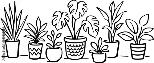 Indoor houseplant line icon set with potted plants and tropical leaves in minimal outline style. Clean vector collection featuring , cactus, and decorative pots for home decor themes. Simple b