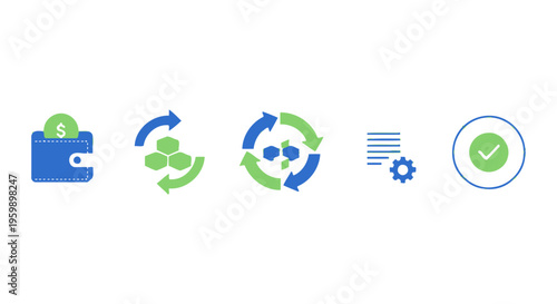 Automated Financial Transaction Process Flow. Digital Wallet, Data Processing, Smart Contract, Document Execution, and Confirmed Success.