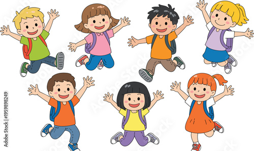Cartoon children jumping illustration featuring diverse kids with backpacks celebrating school, symbolizing happiness, excitement, and education, perfect for teaching, youth, and design projects