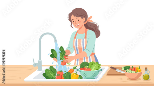 Woman washing fresh vegetables at kitchen sink for healthy meal preparation.