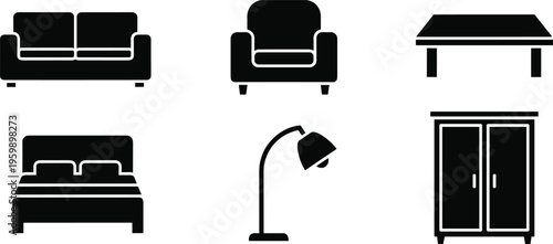 Black silhouette vector illustration of six household furniture items including sofa, armchair, dining table, bed, floor lamp, and wardrobe arranged in 2x3 grid layout.