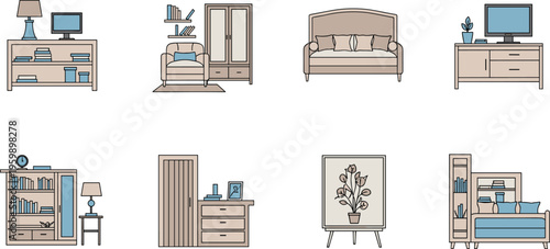 Vector illustration of eight interior furniture and decor arrangements including sofa, armchair, console table, bookshelf, TV stand, chest of drawers, framed art, and daybed.