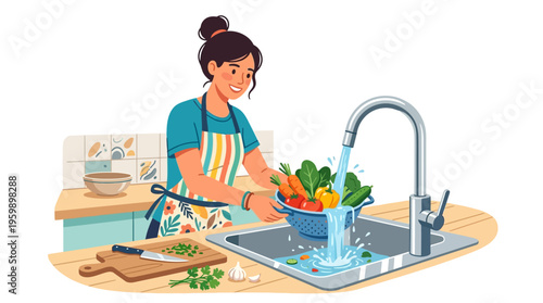 Woman washing fresh vegetables in kitchen sink.