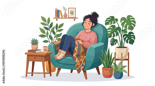 Young woman relaxing comfortably in armchair surrounded by plants.