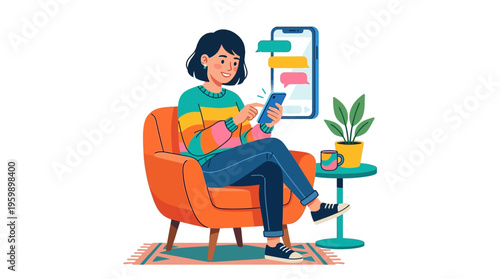 Young Woman Relaxing Indoors Using Smartphone.