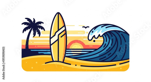 Vibrant Beach Scene with Surfboard, Wave, and Palm Tree Illustration.