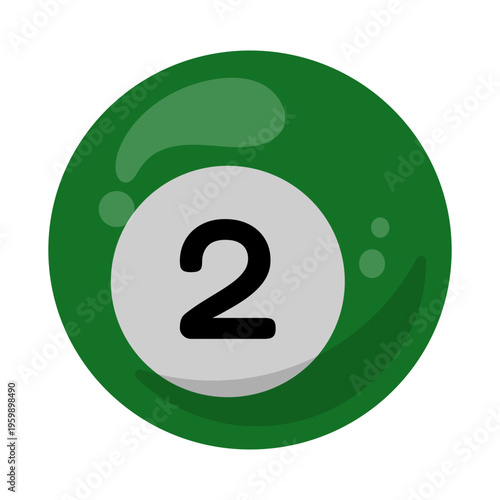 A close-up view of a green pool ball with a white center and the number 2 on a plain surface