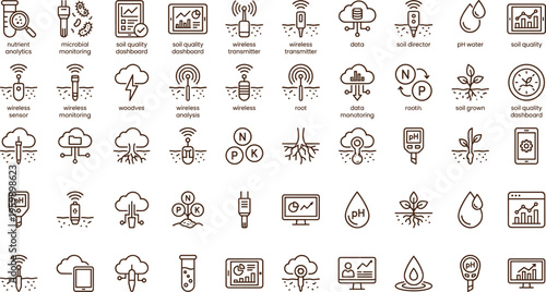 Soil monitoring and smart agriculture analytics line icon set with sensors wireless data farming technology