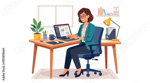 Woman working diligently at her office desk on a laptop.