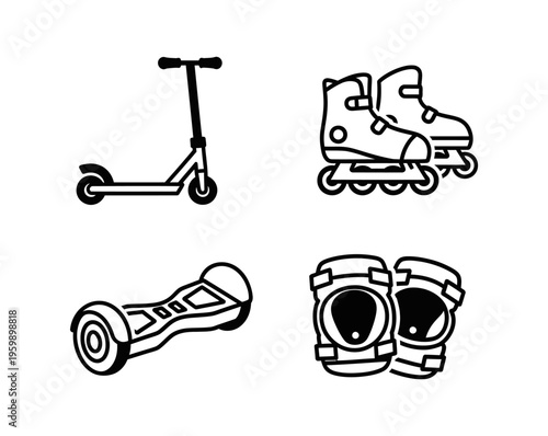 Collection of four outline drawings depicting various modes of personal transportation and protective gear