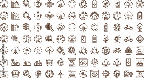 Sustainability and renewable energy line icon set with carbon monitoring recycling clean technology environment symbols