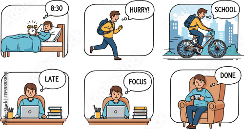 Six‑panel comic vector illustration of student daily routine, showing late wake‑up, rushing, cycling to school, studying at desk, focusing on tasks, and relaxing afterward.