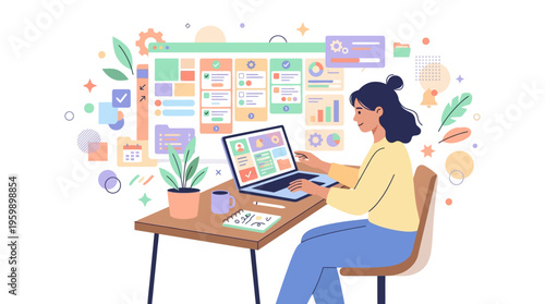 Woman working on laptop at desk with organized tasks and charts.