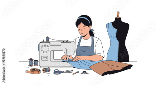 Young woman sewing clothes on a sewing machine with fabric and tools.