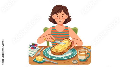 Young Woman Spreading Butter on Toast for Breakfast.