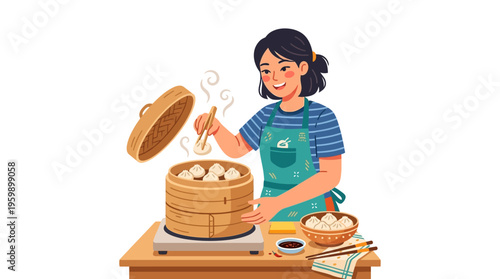 Young woman steaming delicious dumplings in a bamboo steamer.