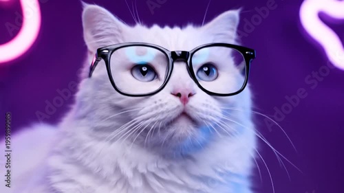 White Cat Wearing Black Glasses.