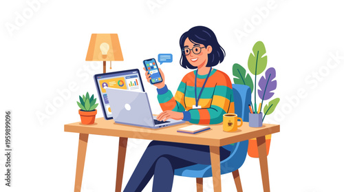 Woman working remotely on laptop and phone.