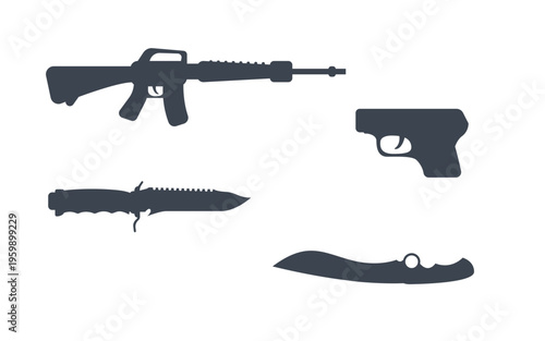 Assault rifle with gun, Fighting tools silhouette, Killing weapons set