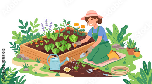 Woman tending to a raised garden bed with fresh vegetables.