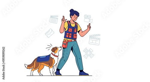 Woman training dog with treats and toys.